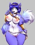  big_breasts big_nipples big_thighs black_nose blue_fur blue_hair bracers breasts canine chest_tuft claws clothing female fluffy_tail fox fur green_eyes grey_background hair inuki krystal looking_at_viewer mammal navel necklace nintendo nipples nude plain_background puffy_nipples pussy short_hair smile solo standing star_fox thick_thighs thighs tuft undressing video_games voluptuous white_fur wide_hips 