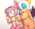  2girls amy_rose anthro apostle bat big_breasts blue_eyes blush breasts female furry green_eyes hair hairband hedgehog huge_breasts large_breasts looking_at_viewer mammal multiple_girls navel nipples nude pink_hair pussy rouge_the_bat sega sonic_(series) sonic_the_hedgehog wings 