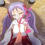  bestiality blush breasts cum ejaculation eyes_closed hiiragi_kagami japanese_clothes large_breasts lucky_star miko paizuri purple_hair twintails uwa~a 