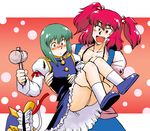  azuki_osamitsu breasts carrying cleavage fang gavel green_eyes green_hair hair_bobbles hair_ornament hat headwear_removed large_breasts long_sleeves multiple_girls onozuka_komachi open_mouth panties princess_carry red_eyes red_hair ribbon shiki_eiki short_hair short_sleeves smile touhou two_side_up underwear 