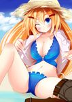  bad_id bad_pixiv_id bikini blonde_hair blue_eyes blush breasts cleavage hair_ornament hairclip hat highres kouzuki_fukurou large_breasts long_hair one_eye_closed original smile solo spread_legs straw_hat swimsuit 