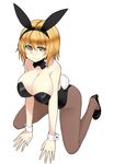  alice_margatroid animal_ears bad_id bad_pixiv_id bare_shoulders blonde_hair breasts bunny_ears bunny_tail bunnysuit cleavage detached_collar huge_breasts kamata_yuuya pantyhose short_hair simple_background solo tail touhou white_background wrist_cuffs yellow_eyes 