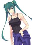  aqua_eyes aqua_hair bare_shoulders bell breasts covered_navel cui_yifei dog_tags hair_ornament ishigaki_takashi medium_breasts muvluv muvluv_alternative muvluv_total_eclipse tank_top twintails 