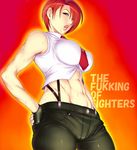  abs bare_shoulders belly breasts crop_top english engrish hair_over_one_eye hands_on_hips large_breasts lips mature midriff muscle navel necktie pants profanity pun ranguage red_eyes red_hair sawao short_hair solo stomach suspenders sweat the_king_of_fighters vanessa_(king_of_fighters) 