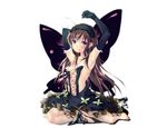  accel_world barefoot brown_hair butterfly dress elbow_gloves hasshin_aki_ichi kuro_yuki_hime long_hair no_bra purple_eyes white wings 