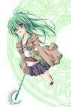  alstakayuki belt coat duel_monster green_eyes green_hair highres long_hair ponytail skirt staff takayuuki wand wynn yu-gi-oh! yuu-gi-ou_duel_monsters 