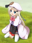  blonde_hair blue_eyes bow cape fang hat koa little_busters! long_hair noumi_kudryavka pink_bow school_uniform sitting thighhighs wariza 