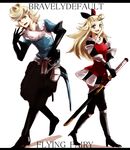  1boy 1girl 5pb. :d armor blonde_hair blue_eyes book boots bow bravely_default:_flying_fairy bravely_default_flying_fairy coat edea_lee gloves katana open_mouth pantyhose ribbon ringabel ringabell smile sword tights weapon wide_hips 