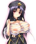  bandages beret black_hair braid breasts chinese_clothes hair_over_shoulder hat hei_meiling k_liss_s large_breasts long_hair m.u.g.e.n nipples open_mouth original red_eyes simple_background solo star touhou twin_braids upper_body 