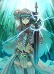  absurdres armor belt black_hair breastplate fingerless_gloves gauntlets gloves green_eyes highres holding long_hair mole_(artist) original solo sword thighhighs weapon 