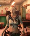  1girl alternate_costume animated animated_gif belt blonde_hair bouncing_breasts breasts hairband hands_on_hips midriff navel necklace resident_evil resident_evil_2 resident_evil_6 school_uniform screencap sherry_birkin short_hair shorts solo 