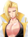  bad_id bad_pixiv_id blonde_hair breasts charlemagne_(monsuno) cleavage earrings jewelry large_breasts lipstick makeup monsuno open_mouth saogokushi short_hair solo yellow_eyes 