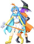  alternate_costume back-to-back belt blue_hair boots cape circlet cosplay dragon_quest dragon_quest_iii dress elbow_gloves full_body gloves hat highres hinanawi_tenshi long_hair looking_at_viewer looking_back mage_(dq3) mage_(dq3)_(cosplay) multiple_girls nagae_iku open_mouth purple_hair red_eyes ruu_(tksymkw) sage_(dq3) sage_(dq3)_(cosplay) short_hair smile sword sword_of_hisou touhou transparent_background weapon witch_hat 