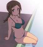  akizuki_ritsuko bikini blush braid breasts brown_eyes brown_hair cleavage collarbone hashi idolmaster idolmaster_(classic) large_breasts long_hair navel no_eyewear shadow single_braid sitting solo swimsuit water 