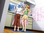  2girls apron blue_hair brown_hair carrot female game_cg green_eyes hair_ribbon kango_shichauzo kango_shichauzo_2 kitchen knife long_hair multiple_girls nagasaki_akira nagasaki_maria ribbon shimizu_naotaka 