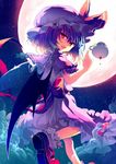  :d bat_wings blue_hair cup fang full_moon hat hat_ribbon leg_up looking_at_viewer moon open_mouth red_eyes reia remilia_scarlet ribbon skirt smile solo teacup touhou wings 