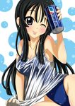  akiyama_mio baretto_(firearms_1) black_eyes black_hair can cola highleg highleg_swimsuit k-on! long_hair one_eye_closed pepsi shirt soda_can swimsuit wet wet_clothes wet_shirt wet_t-shirt 