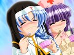  2girls blue_hair blush cross eyes_closed female food game_cg hat igarashi_yuna kango_shichauzo kango_shichauzo_2 long_hair multiple_girls nagasaki_maria nun nurse nurse_cap nurse_hat shimizu_naotaka 