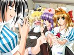  4girls bianchi_elena black_hair blonde_hair blush brown_hair eyes_closed female game_cg hair_ribbon hat igarashi_yuna ishigami_hibari kango_shichauzo kango_shichauzo_2 long_hair multiple_girls nagasaki_akira needle nun nurse nurse_cap nurse_hat purple_hair ribbon shimizu_naotaka short_hair twintails water wet 