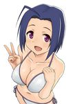  :d ahoge bikini blue_hair breasts cleavage collarbone from_above hashi idolmaster idolmaster_(classic) large_breasts looking_at_viewer miura_azusa open_mouth purple_eyes short_hair side-tie_bikini simple_background smile solo swimsuit v white_background 