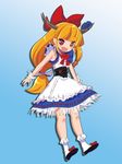  alternate_costume blue_background bobby_socks bow dei_shirou dress fang full_body gradient gradient_background hair_bow highres horn_ribbon horns ibuki_suika long_hair open_mouth orange_hair red_eyes ribbon shoes simple_background sleeveless smile socks solo touhou wrist_cuffs 