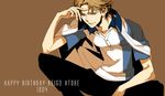  atobe_keigo brown_background brown_hair character_name happy_birthday hoshino_lily male_focus simple_background solo sportswear squatting tennis_no_ouji-sama 