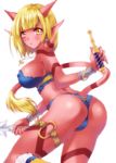  ass blonde_hair blush breasts dragon_quest dragon_quest_x holding horns hoshino_madoka jewelry knife large_breasts leg_up necklace ogre_(dq10) pointy_ears red_skin short_hair short_shorts shorts simple_background solo tail thigh_strap weapon white_background yellow_eyes 