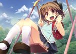  :d backpack bag blush brown_hair cloud day looking_at_viewer mary_janes open_mouth original randoseru red_eyes shoes short_hair sitting skirt sky smile soine solo swing 