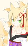  animal_ear_fluff animal_ears bangs blonde_hair collarbone dongflame flat_chest fox_ears fox_tail green_eyes hair_ornament highres japanese_clothes kimono mon-musu_quest! sidelocks smile solo tail tamamo_(mon-musu_quest!) tattoo white_background 