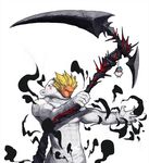  animal_costume avenger bear_costume blonde_hair costume dnf dungeon_and_fighter highres priest red_eyes scar scars scythe spiked_hair spikey_hair 