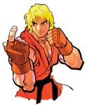  blonde_hair brown_eyes capcom come_at_me_bro eyebrows fighting_stance fingerless_gloves gloves highres ken_masters male_focus mullet muscle nishimura_kinu official_art solo street_fighter street_fighter_iii_(series) thick_eyebrows transparent_background upper_body 