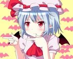  bat_wings blue_hair blush hat hat_ribbon kaiser2050101 parody pointing pointy_ears red_eyes remilia_scarlet ribbon short_hair solo sparkling_daydream touhou wings 