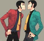  arsene_lupin_iii black_hair clone cowboy_shot dual_persona eye_contact face-to-face formal green_jacket grey_background grin hand_on_hip jacket looking_at_another lupin_iii male_focus multiple_boys necktie red_jacket short_hair sideburns smile suit toujou_sakana yellow_neckwear 