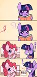  ? bazooka blue_eyes book comic duo english_text equine female feral friendship_is_magic horn horse mammal my_little_pony pinkie_pie_(mlp) pony purple_eyes ranged_weapon rocket_launcher sign smile solar-slash text twilight_sparkle_(mlp) unicorn weapon young 