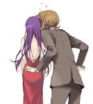  backless_dress backless_outfit bare_back brown_hair crossdressing dress formal gundam gundam_00 heart hibiki_(bagawa) lockon_stratos long_hair male_focus multiple_boys neil_dylandy otoko_no_ko purple_hair suit tieria_erde wig yaoi 