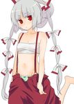  alternate_hairstyle bangs barefoot fujiwara_no_mokou green_panties machiko_(beard) no_shirt panties pants polka_dot polka_dot_panties red_eyes sarashi silver_hair solo suspenders touhou twintails underwear 