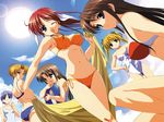  amagasaki_mikoto bikini blonde_hair blue_eyes blue_hair brown_hair cloud day dutch_angle fujieda_honami fumio_(ura_fmo) highres innertube long_hair multiple_girls nishina_kyouko non-web_source nonohara_yui one-piece_swimsuit one_eye_closed ponytail purple_eyes red_hair shibugaki_matsuri short_hair side-tie_bikini sky swimsuit tachibana_chihiro towel tsuki_wa_higashi_ni_hi_wa_nishi_ni twintails 