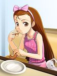  bow brown_eyes brown_hair bunny doughnut eating food hairband idolmaster idolmaster_(classic) idolmaster_1 long_hair minase_iori muhi11234 sleeveless solo stuffed_animal stuffed_bunny stuffed_toy 