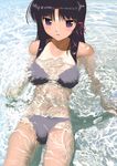  arm_support bikini black_hair blush caustics fortune_arterial hair_ribbon kuze_kiriha light_frown looking_afar lying mocha_(snowflake) on_back one-piece_tan parted_lips partially_submerged purple_bikini purple_eyes reclining refraction ribbon shiny shiny_hair solo swimsuit tan tanline water wet 