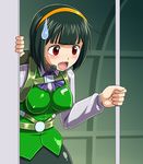  blush bow breasts covered_nipples green_hair headset idolmaster idolmaster_(classic) idolmaster_1 large_breasts muhi11234 open_mouth otonashi_kotori parachute red_eyes short_hair solo sweatdrop uniform 