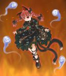  animal_ears braid cat_ears cat_tail highres kaenbyou_rin konechi red_hair ribbon skull solo tail touhou twin_braids twintails 