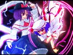  :o ascot blue_skirt capelet dress etogami_kazuya flying frills hat mob_cap multiple_girls nagae_iku open_mouth puffy_short_sleeves puffy_sleeves purple_hair red_eyes remilia_scarlet short_hair short_sleeves skirt touhou wallpaper white_dress 