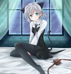  animal_ears bed black_legwear cat_ears cat_tail green_eyes makino_(ukiuo) necktie pantyhose sanya_v_litvyak short_hair silver_hair solo strike_witches tail world_witches_series 