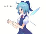  :d ahoge blue_bow blue_dress blue_eyes blue_hair bow cirno dress hair_bow ice ice_wings open_mouth shirohanamame_taichou simple_background smile solo touhou translated white_background wings 