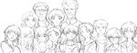  6+girls :d age_difference aida_kensuke akagi_ritsuko ayanami_rei bangs beard blush bodysuit closed_mouth collared_shirt earrings everyone expressionless facial_hair father_and_son freckles fuyutsuki_kouzou glasses greyscale hair_bobbles hair_ornament horaki_hikari ikari_gendou ikari_shinji ikari_yui jewelry kirishima_mana lineup long_hair looking_at_viewer low_twintails meguro_fukuzou mole mole_under_eye mole_under_mouth monochrome multiple_boys multiple_girls nagisa_kaworu neon_genesis_evangelion neon_genesis_evangelion:_2nd_impression neon_genesis_evangelion:_iron_maiden number open_mouth pilot_suit plugsuit school_uniform shirt short_hair sidelocks simple_background sketch smile souryuu_asuka_langley suspenders suzuhara_touji turtleneck twintails uniform upper_body yamagishi_mayumi 