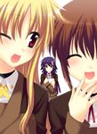  ;o ^_^ ^o^ black_hair blonde_hair blush closed_eyes collar fate_testarossa ginga_nakajima laughing long_sleeves lyrical_nanoha mahou_shoujo_lyrical_nanoha_strikers military military_uniform multiple_girls one_eye_closed open_mouth purple_hair red_hair saki_chisuzu simple_background takamachi_nanoha tsab_ground_military_uniform uniform white_background 