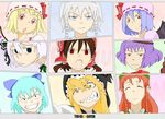  auau_(kamekuro) blonde_hair blue_hair bow braid brown_hair cirno crossover grin hakurei_reimu hat hong_meiling izayoi_sakuya kirisame_marisa konpaku_youmu multiple_girls parody purple_hair red_eyes red_hair remilia_scarlet sharp_teeth smile smirk soul_eater teeth touhou wallpaper white_hair wings witch_hat yasaka_kanako 