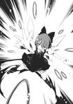 cirno danmaku emphasis_lines greyscale looking_at_viewer magic monochrome outstretched_arms puffy_short_sleeves puffy_sleeves shimadoriru short_hair short_sleeves simple_background solo touhou white_background 