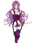  bare_shoulders boots breasts code_geass cornelia_li_britannia elbow_gloves gloves higi_(rodriguez) large_breasts long_hair purple_eyes purple_hair solo sword thigh_boots thighhighs very_long_hair weapon 