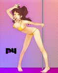  armpits ass barefoot bent_over bikini breasts brown_hair covered_nipples dark_persona earrings egawa_satsuki feet gradient gradient_background hands happy heart heart-shaped_pupils highres hips jewelry kujikawa_rise legs lips long_hair medium_breasts one_eye_closed open_mouth persona persona_4 pigeon-toed pole pole_dancing purple_background smile solo stripper stripper_pole swimsuit symbol-shaped_pupils twintails v yellow_bikini yellow_eyes 